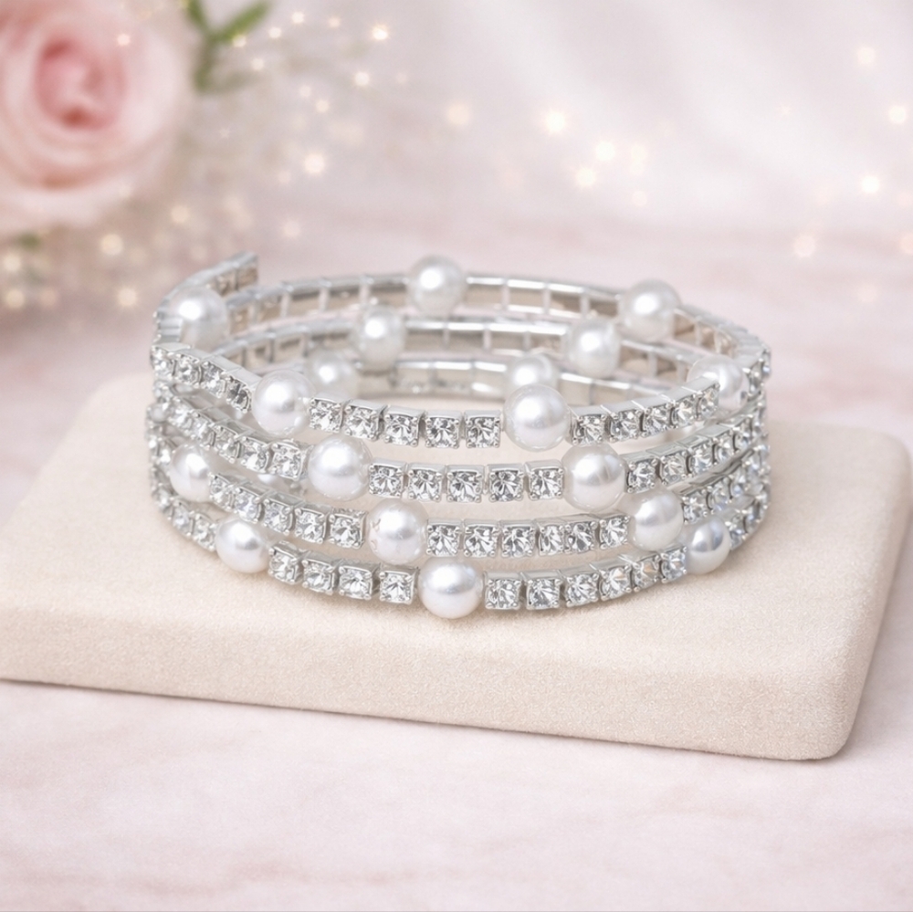 Pearl and Rhinestone Silvertone Coil Wrap Bracelet